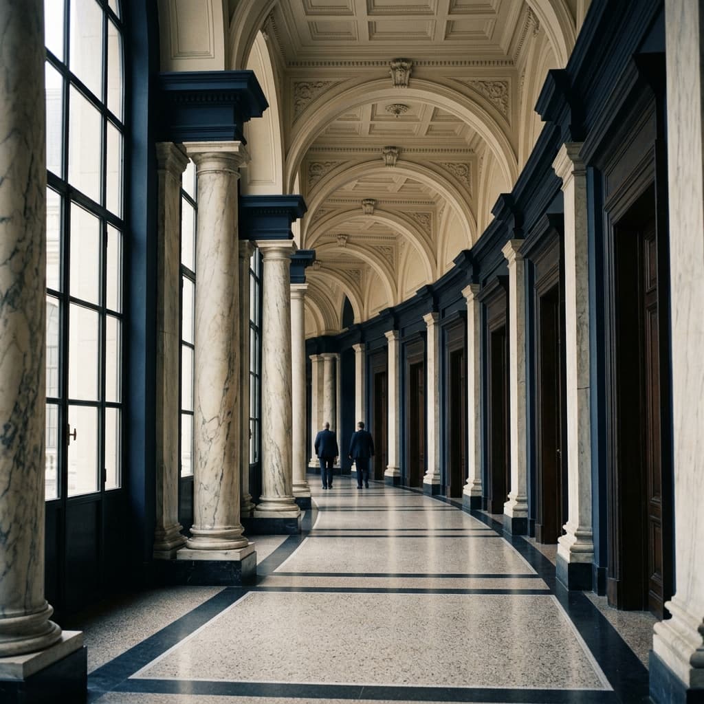 Interno di edificio istituzionale europeo con colonne e luce naturale