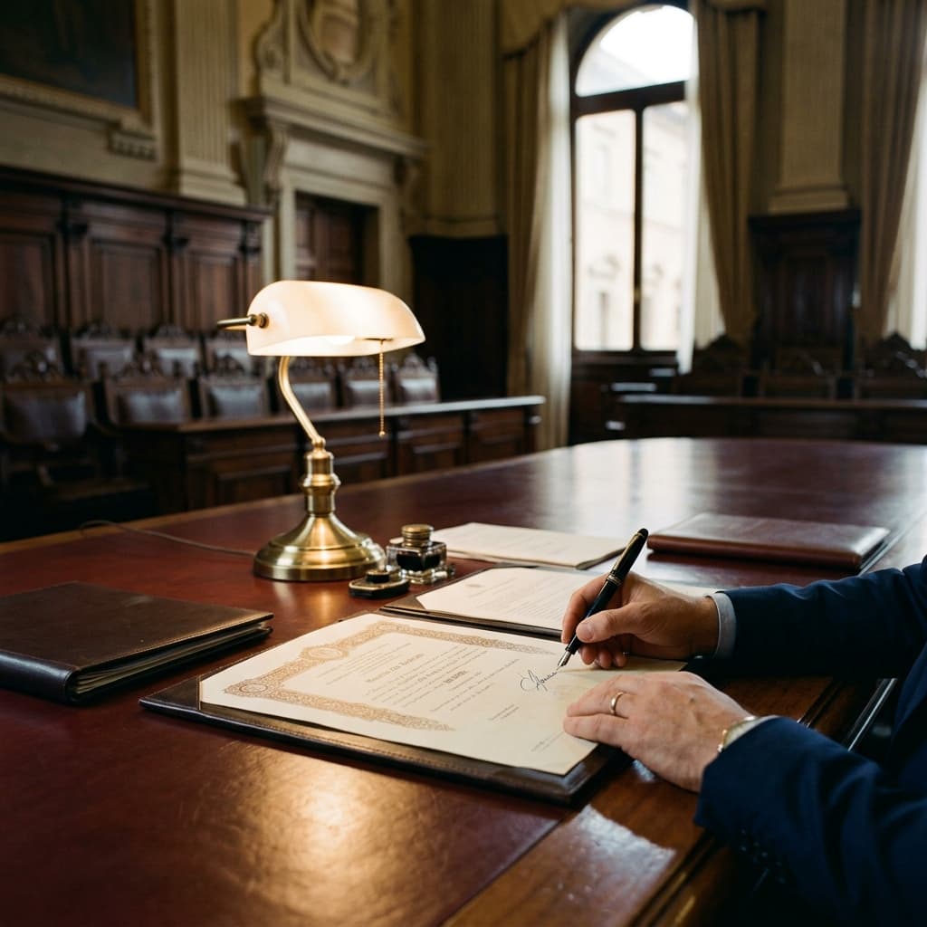 Scrivania istituzionale con documenti e penna per la firma di adesione